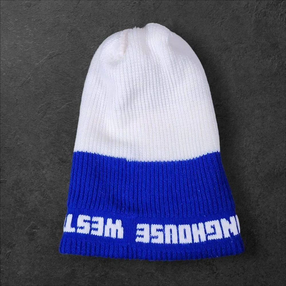 Vintage Westinghouse Pom Beanie Blue White Logo Knit Hat 70s 80s Rare Promo